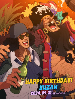 2boys afro aokiji_(one_piece) barrel belt black_hat bottle chipped_tooth closed_eyes commentary_request grey_hat gun hat hat_feather highres holding holding_barrel holding_bottle holster laughing male_focus marshall_d._teach multiple_boys one_piece open_mouth pirate pirate_hat pointy_nose smile sunglasses teeth weapon youkan_(tako)