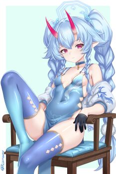 1girl absurdres alternate_hairstyle artist_name bare_shoulders black_gloves blue_archive blue_choker blue_dress blue_hair blue_halo blue_thighhighs braid breasts chise_(blue_archive) choker closed_mouth commentary cosplay covered_navel demon_girl demon_horns detached_sleeves dress english_text f0rum7v girls&#039;_frontline gloves hair_between_eyes halo highres horns long_braid long_hair looking_at_viewer mixed-language_commentary oni pa-15_(alluring_larkspur)_(girls&#039;_frontline) pa-15_(girls&#039;_frontline) pa-15_(girls&#039;_frontline)_(cosplay) pelvic_curtain pointy_ears red_eyes russian_commentary sidelocks small_breasts solo thighhighs twin_braids white_sleeves