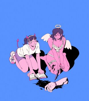 2girls angel_and_devil angel_wings barefoot black_blood blood blue_background book bra breasts choo dagger demon_horns demon_tail fake_halo fake_horns fake_tail fake_wings frilled_garter_belt frown garter_belt hair_over_one_eye hairband halo highres holding holding_dagger holding_knife holding_weapon horn_hairband horns knife medium_breasts multiple_girls nervous nervous_sweating on_ground open_book original panties purple_hair purple_shorts red_horns red_tail severed_arm severed_limb shadow shirt shoes short_twintails shorts small_breasts smile sneakers socks strap_slip sweat sweatdrop t-shirt tail twintails underwear weapon white_bra white_halo white_panties white_shirt white_shoes white_socks white_wings wings yuri