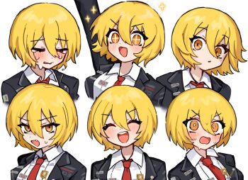 +_+ 1girl :d ^_^ black_jacket blonde_hair blush bright_pupils closed_eyes collared_shirt commentary_request don_quixote_(project_moon) dot_nose fang jacket limbus_company looking_at_viewer multiple_expressions multiple_views necktie open_mouth orange_eyes project_moon red_necktie ro/ku sad shirt short_hair smile sweatdrop tearing_up teeth upper_teeth_only v-shaped_eyebrows wavy_hair white_pupils white_shirt wide-eyed