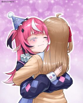 2girls ahoge black_hair blue_sailor_collar blunt_bangs blush brown_hair buttons camila_(vtuber) cardigan closed_mouth colored_eyelashes commentary cowboy_shot crying diamond_hair_ornament diamond_print english_commentary facial_mark flipped_hair gradient_background hair_ribbon hat hat_ribbon head_rest highres hug indie_virtual_youtuber lens_flare long_hair long_sleeves marking_on_cheek mini_party_hat mismatched_eyelashes multicolored_hair multiple_girls neck_ruff neuro-sama nihto outline pink_hair pointy_ears purple_background raised_eyebrows red_ribbon ribbon sailor_collar sidelocks smile sparkle_background streaked_hair triangle triangle_facial_mark twitter_username two_side_up vedal_ai virtual_youtuber white_eyelashes white_hair white_outline white_ribbon yellow_cardigan