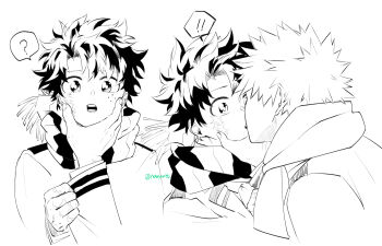 Rule 34 | !, !!, 2boys, ?, bakugou katsuki, boku no hero academia, commentary request, facial scar, freckles, greyscale, hand on another's face, highres, jacket, kiss, lapels, layered sleeves, long sleeves, looking at another, male focus, midoriya izuku, monochrome, multiple boys, multiple views, navyou38, open mouth, parted hair, scar, scar on cheek, scar on face, scarf, school uniform, short hair, simple background, spiked hair, spoken exclamation mark, spoken question mark, u.a. school uniform, white background, wide-eyed, yaoi
