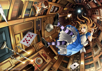 ace_(playing_card) ace_of_spades alice_(alice_in_wonderland) alice&#039;s_adventures_in_wonderland apron black_bow black_footwear blonde_hair blue_dress blue_eyes bookshelf bow candle candlestand clock commentary dress english_commentary falling from_below globe gunshiprevolution hair_bow hourglass kriss_sison lamp long_hair pantyhose pendulum_clock playing_card purple_pantyhose shoes spade_(shape) white_apron wide_shot