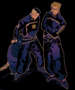 3boys belt black_background black_pants black_shoes brothers chain closed_mouth crossed_arms diamond_wa_kudakenai dollar_sign earrings family flattop highres jewelry jojo_no_kimyou_na_bouken male_focus multiple_belts multiple_boys nijimura&#039;s_father nijimura_keicho nijimura_okuyasu pants pompadour scar scar_on_face shoes siblings tirauraja yen_sign