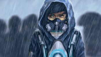1girl black_hair blue_raincoat brown_eyes chronal_accelerator_(overwatch) highres looking_to_the_side m-wanz mask open_collar overwatch people rain raincoat respirator short_hair simple_background solo tracer_(overwatch)