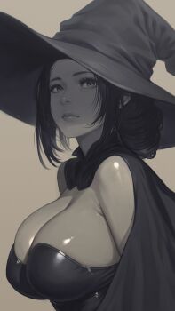 1girl absurdres bare_shoulders breasts cleavage cloak closed_mouth commentary_request grey_background greyscale halloween hat highres jchoy large_breasts leotard monochrome original simple_background solo strapless strapless_leotard upper_body witch_hat