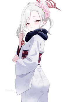1gen_sinkun 1girl ass blue_archive blush commentary_request flower fur-trimmed_kimono fur_trim grin hair_bun hair_flower hair_ornament halo highres japanese_clothes kimono mutsuki_(blue_archive) mutsuki_(new_year)_(blue_archive) obi official_alternate_costume official_alternate_hairstyle pink_flower pointy_ears red_eyes red_halo red_sash sash smile solo white_hair white_kimono