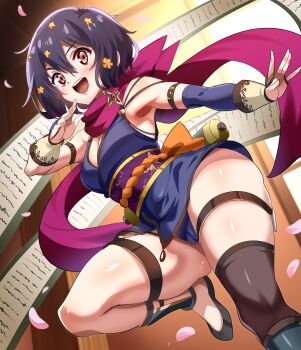 1girl :d black_hair blue_dress blue_panties blush breasts bridal_gauntlets brown_eyes commentary_request commission dress flower hair_flower hair_ornament highres indoors looking_at_viewer magukappu mizuno_ai ninja open_mouth panties pixiv_commission purple_scarf scarf scroll short_hair small_breasts smile solo standing standing_on_one_leg teeth thigh_strap thighs underwear upper_teeth_only wide_hips zombie_land_saga