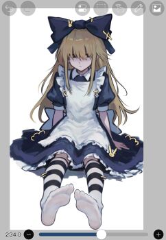 1girl alice_(black_souls) apron art_program_in_frame back_bow black_souls black_souls_2 blonde_hair blue_dress bow dress elemi_souls expressionless eyes_visible_through_hair frilled_apron frills hair_bow hair_over_eyes hashtag-only_commentary highres ibispaint_(medium) long_hair no_shoes puffy_short_sleeves puffy_sleeves short_sleeves simple_background sister_alice_(black_souls) sitting socks solo striped_clothes striped_socks white_apron white_background