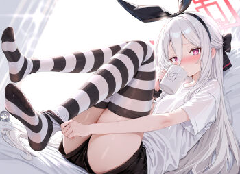 Rule 34 | 1girl, absurdres, adjusting clothes, adjusting legwear, aris (blue archive), black bow, black shorts, black thighhighs, blue archive, blush, bow, breasts, cat, chibi, chinese commentary, collarbone, commentary request, cup, dasiu, hair between eyes, hair bow, heart, highres, holding, holding cup, kei (blue archive), long hair, looking at viewer, mixed-language commentary, partial commentary, pink eyes, red hair, shirt, shorts, sitting, small breasts, solo, striped clothes, striped thighhighs, t-shirt, thighhighs, thighs, very long hair, white background, white hair, white shirt, white thighhighs, zettai ryouiki