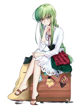1girl absurdres alternate_costume alternate_hairstyle blush braid braided_ponytail brown_sandals budgiepon c.c. cheese-kun closed_mouth code_geass commentary crossed_legs dress eyes_visible_through_hair food_print frilled_dress frills full_body hair_between_eyes hand_up heart heart_print highres long_hair long_sleeves looking_at_viewer low_ponytail pizza_print ponytail rolling_suitcase sandals short_dress sidelocks simple_background sitting solo suitcase very_long_hair white_background white_dress yellow_eyes
