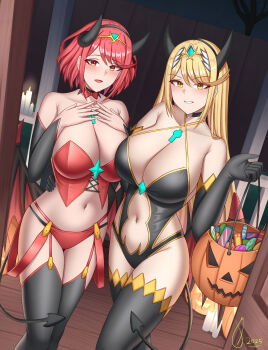 2girls absurdres black_horns black_leotard blonde_hair blush breasts candy chest_jewel core_crystal_(xenoblade) cowboy_shot demon_girl demon_horns demon_wings eyelashes food ghonky halloween halloween_bucket highres horns indoors large_breasts leotard long_hair low_wings multiple_girls mythra_(xenoblade) open_door panties pyra_(xenoblade) red_eyes red_hair red_panties red_vest short_hair tiara underwear vest wings xenoblade_chronicles_(series) xenoblade_chronicles_2 yellow_eyes