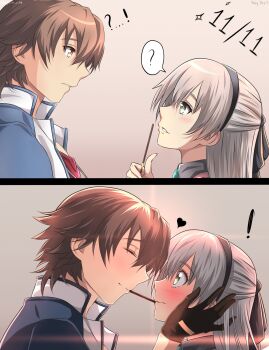 ! 1boy 1girl ? ao_no_kiseki black_gloves black_hairband blush brown_eyes brown_hair commentary dated eiyuu_densetsu elie_macdowell embarrassed english_commentary food food_in_mouth gloves hairband half_updo heart highres holding holding_food holding_pocky incoming_pocky_kiss lloyd_bannings long_hair parted_lips pocky pocky_day pocky_in_mouth smile solo speech_bubble spirit_rise white_hair yellow_eyes zero_no_kiseki