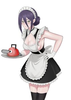 1girl absurdres alternate_costume apron black_skirt black_thighhighs breasts chainsaw_man cleavage enmaided gloves green_eyes hair_bun highres holding holding_tray large_breasts maid maid_apron maid_headdress medium_breasts pcharlesart pochita_(chainsaw_man) purple_hair reze_(chainsaw_man) sideboob simple_background skirt solo thighhighs tray white_apron white_background white_gloves
