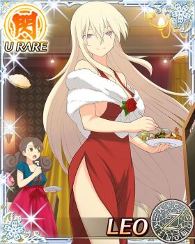 aimu_(senran_kagura) aquarius_(symbol) aries_(symbol) blonde_hair blue_shirt blush border breasts brooch brown_eyes brown_hair cancer_(symbol) capricorn_(symbol) card_(medium) chair chandelier character_name cleavage cocktail_dress curled_ends curly_hair dodecagram dress eating english_text flower flower_brooch food food_fight gemini_(symbol) hair_between_eyes hair_ornament hairclip holding holding_plate indoors jewelry large_breasts leo_(senran_kagura) leo_(symbol) libra_(symbol) long_hair long_skirt looking_at_viewer low_twintails multiple_girls open_mouth party pie pink_flower pink_rose pisces_(symbol) plate purple_eyes red_dress red_flower red_rose rose sagittarius_(symbol) scorpio_(symbol) senran_kagura senran_kagura_new_wave shawl shirt shrimp shrimp_tempura side_slit sideboob skirt smile sparkle swept_bangs taurus_(symbol) tempura twintails very_long_hair virgo_(symbol) white_shawl zodiac_wheel