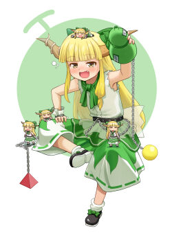=_= belt blonde_hair blunt_bangs blush bow chain commentary_request commission fangs food fruit gourd haniwa_(leaf_garden) highres holding holding_gourd horn_bow horn_ornament horns ibuki_suika immaterial_and_missing_power melon mini_person minigirl nose_blush open_mouth shirt shoes sitting skeb_commission skirt sleeveless sleeveless_shirt smile socks standing touhou wrist_cuffs yellow_eyes