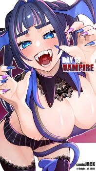 1girl blue_eyes blue_hair blush breasts cleavage demon_girl demon_tail fang fangs hair_intakes head_wings highres hololive hololive_english knight_of_jack large_breasts looking_at_viewer ouro_kronii pointy_ears short_hair solo tail thighhighs twitter_username vampire virtual_youtuber wings