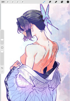 1girl animal_print art_program_in_frame back back_focus bare_shoulders black_hair breasts butterfly_hair_ornament butterfly_print chinese_commentary closed_eyes closed_mouth commentary_request from_side hair_ornament haori highres huaxue_maomi japanese_clothes kimetsu_no_yaiba kochou_shinobu medium_breasts removing_jacket scar short_hair shoulder_blades sidelocks simple_background solo white_background