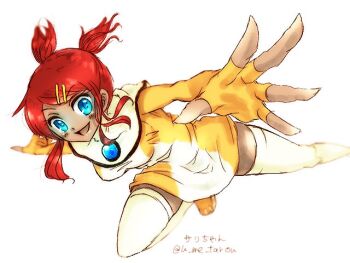 1girl android autobot blue_eyes boots breasts dark-skinned_female dark_skin dress female_focus hair_ornament hairclip red_hair sari_sumdac short_twintails solo thighhighs transformers transformers_animated twintails