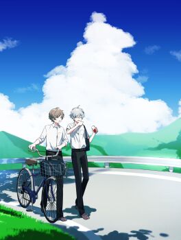 2boys ahoge bag bicycle bicycle_basket black_pants brown_hair brown_shoes closed_eyes cloud collared_shirt commentary_request dappled_sunlight drink grass green_eyes grey_hair highres holding holding_drink kanae_(nijisanji) kuzuha_(nijisanji) long_sleeves looking_at_another male_focus mountainous_horizon multiple_boys nana72710193 nijisanji open_mouth outdoors pants pointy_ears pushing_bicycle railing road school_bag shadow shirt shoes short_hair short_sleeves smile sunlight tree virtual_youtuber white_shirt