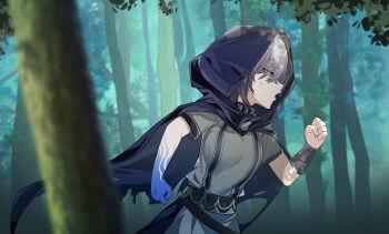 1girl 845360 absurdres aged_down black_cloak blue_hands breasts chinese_commentary cloak commentary_request dress forest from_side galbrena_(wuthering_waves) grey_dress grey_hair highres hood hooded_cloak nature open_mouth outdoors profile running small_breasts solo upper_body wrist_guards wuthering_waves yellow_eyes