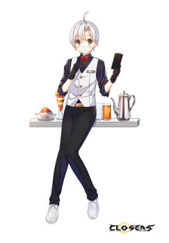 1boy ahoge alternate_hair_color badge belt black_gloves black_pants black_shirt blush bow bowl bowtie clipboard closed_mouth closers coffee_pot collared_shirt copyright_name cup drinking drinking_glass food full_body gloves green_eyes hands_up highres holding holding_clipboard holding_pen knees_together_feet_apart logo looking_at_viewer male_focus mistilteinn_(closers) official_art oxfords pants pen pen_to_mouth red_bow red_bowtie shaved_ice shelf shirt short_hair three-quarter_sleeves solo standing tachi-e traditional_bowtie vest waistcoat waiter white_background white_belt white_footwear white_hair white_vest