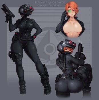 1girl absurdres ass black_bodysuit bodysuit breasts catsuit charlotte_graves_(madis259) commentary commission english_commentary gun halo_(series) handgun harness head-mounted_display highres holster huge_ass justrube large_breasts orange_hair original short_hair simple_background skin_tight smoke smoking_barrel solo thigh_holster unzipped weapon