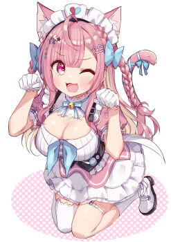 1girl absurdres ahoge animal_ears animal_print bell belt blue_bow blue_ribbon blush bow breasts cat_ears cat_girl cat_hair_ornament cat_print cat_tail commentary_request dress extra_ears gloves hair_bow hair_ornament hairclip highres indie_virtual_youtuber jingle_bell large_breasts long_hair looking_at_viewer maid maid_headdress nanado_shion neck_bell neck_ribbon one_eye_closed open_mouth paw_pose pink_dress pink_eyes pink_hair pink_tail ribbon shoes short_sleeves single_thighhigh smile solo star_(symbol) star_hair_ornament suspenders tail tail_ornament tail_ribbon thighhighs thighs two_side_up underbust virtual_youtuber white_background white_belt white_dress white_gloves white_shoes white_thighhighs yuuki_sakuna