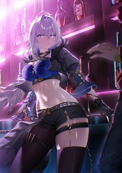 1girl absurdres black_jacket black_pantyhose black_shorts black_thighhighs blue_bra blue_hair bottle bra breasts closed_mouth colored_inner_hair commentary cropped_jacket feathered_wings galbrena_(wuthering_waves) gold_choker grey_hair highres indoors jacket lanoyee large_breasts medium_hair multicolored_hair navel pantyhose purple_eyes shorts single_leg_pantyhose single_thighhigh single_wing solo stomach thigh_strap thighhighs underwear wings wuthering_waves