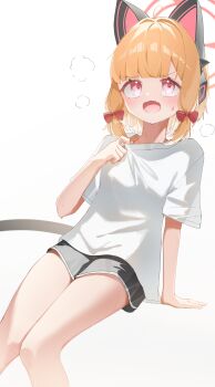 1girl absurdres animal_ear_headphones animal_ears arm_at_side black_shorts blonde_hair blue_archive blunt_bangs blush cat_ear_headphones cat_ears cat_tail clothes_pull dolphin_shorts dutch_angle fake_animal_ears fake_tail fang feet_out_of_frame hair_intakes hand_up headphones highres hot invisible_chair ixia559 medium_hair momoi_(blue_archive) open_mouth pulling_own_clothes red_eyes shirt shirt_pull short_sleeves shorts sidelocks simple_background sitting skin_fang solo straight_hair sweat t-shirt tail tareme thighs upturned_eyes v-shaped_eyebrows white_background white_shirt