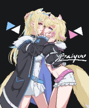 2girls animal_ear_fluff animal_ears baiyuu belt black_background black_collar blonde_hair blue_eyes blue_hairband breasts collar dog_ears dog_girl dog_tail fake_horns frilled_shorts frills fuwawa_abyssgard fuwawa_abyssgard_(1st_costume) hair_ornament hairband hand_on_another&#039;s_cheek hand_on_another&#039;s_chin hand_on_another&#039;s_face hand_on_another&#039;s_head highres holoadvent hololive hololive_english horn_hairband horns imminent_kiss large_breasts long_hair mococo_abyssgard mococo_abyssgard_(1st_costume) multicolored_hair multiple_girls navel pink_belt pink_eyes pink_hairband shorts siblings simple_background sisters spiked_collar spikes streaked_hair tail twins virtual_youtuber x_hair_ornament yuri