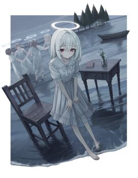 Rule 34 | 5girls, barefoot, book, brown hair, canoe, chair, cloud, cloudy sky, collared dress, dress, flower, frilled shirt collar, frills, hair ornament, halo, hands on own thighs, highres, holding hands, house, leaning forward, long hair, multiple girls, neck ribbon, ocean, original, pine tree, red eyes, ribbon, sakiika0513, short hair, sky, smile, table, tree, vase, water, white hair, wing hair ornament