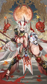 absurdres armor artist_request autumn_leaves body_markings breasts cleavage colored_extremities commentary_request detached_sleeves earrings echocalypse facial_mark falling_leaves full_moon highres horns jewelry katana_(echocalypse) large_breasts leaf long_hair mask moon oni pauldrons pelvic_curtain platform_sandals red_horns revealing_clothes sandals shoulder_armor single_detached_sleeve single_pauldron stairs tassel tongue white_hair