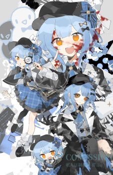 &gt;_o 1girl absurdres artist_request asymmetrical_legwear black_bag black_capelet black_hat black_pantyhose black_sclera black_shoes blood blood_on_clothes blood_on_face blood_on_hands blue_hair blue_necktie blue_skirt braid braided_hair_rings capelet chibi chinese_commentary claws colored_extremities colored_sclera commentary_request commission deerstalker detective finger_to_cheek grey_background grey_vest hair_rings hat highres holding holding_magnifying_glass index_finger_raised long_sleeves looking_at_viewer magnifying_glass mahou_shoujo_no_majo_saiban miniskirt multiple_views necktie one_eye_closed open_mouth pantyhose pleated_skirt sample_watermark second-party_source shoes short_hair single_leg_pantyhose sitting skirt smile spoilers standing tachibana_sherry vest wariza watermark witch_(manosaba) yellow_eyes