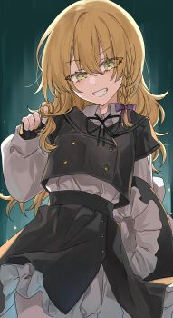 1girl absurdres black_hat black_ribbon black_skirt blonde_hair bow braid braided_sidelock buttons chu_(yuzumeno) double-breasted grin hair_bow hashtag-only_commentary hat highres holding holding_unworn_clothes holding_unworn_hat kirisame_marisa long_hair looking_at_viewer neck_ribbon purple_bow ribbon skirt smile solo touhou unworn_hat unworn_headwear yellow_eyes