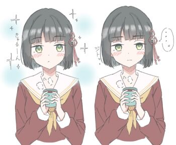 Rule 34 | ..., 1girl, black hair, blue background, blunt bangs, blunt ends, blush, bob cut, brown dress, closed mouth, coffee, commentary request, cup, dress, expressionless, flower, flower knot, green eyes, hair flower, hair ornament, hasu no sora school uniform, highres, holding, holding cup, iroha (nami3), link! like! love live!, long sleeves, love live!, momose ginko, multiple views, neckerchief, sailor collar, sailor dress, school uniform, short hair, sparkle, spoken ellipsis, steam, virtual youtuber, white flower, white sailor collar, winter uniform, yellow neckerchief