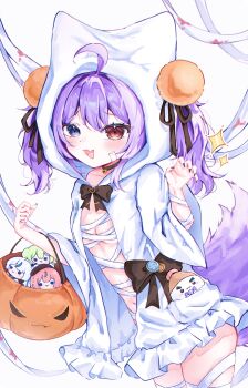 Rule 34 | 1girl, :3, absurdres, ahoge, aokumo rin, bandages, black bow, black bowtie, black choker, black nails, black ribbon, blue eyes, blush, bow, bowtie, breasts, brown eyes, choker, claw pose, commentary, cowboy shot, double-parted bangs, fang, fingernails, hair ornament, hair ribbon, halloween bucket, hanako nana, hands up, heterochromia, highres, holding, holding halloween bucket, hood, hood up, hooded jacket, inari (tenko shibuki), jacket, korean commentary, looking at viewer, medium hair, munui, nail polish, naked bandage, naked jacket, navel, open clothes, open jacket, open mouth, pom pom (clothes), pom pom hair ornament, purple hair, raised inner eyebrows, ribbon, skin fang, small breasts, solo, standing, stellive, tenko shibuki, three-quarter sleeves, twintails, virtual youtuber, white jacket, wide sleeves, yuzuha riko