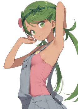 1girl ai-assisted arm_behind_head arm_up armpits breasts cowboy_shot dot_nose from_side green_eyes green_hair grey_overalls hachi0571 headband highres long_hair looking_at_viewer mallow_(pokemon) nintendo overalls pink_shirt pokemon pokemon_sm presenting_armpit shirt sideboob simple_background sleeveless sleeveless_shirt small_breasts smile solo standing swept_bangs twintails white_background
