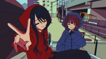 2girls black_gloves black_hair blue_jacket brown_hair building closed_eyes closed_mouth commentary_request day fingerless_gloves fuwa29ne gloves highres hood hood_up hooded_jacket hoodie jacket long_hair long_sleeves multiple_girls original outdoors overpass red_hoodie smile v