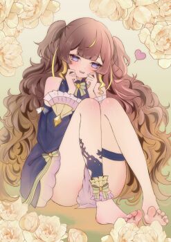 1girl :d absurdres anya_melfissa anya_melfissa_(1st_costume) bare_shoulders barefoot black_dress black_sleeves blonde_hair bow brown_hair commentary detached_sleeves dress feet flower frilled_dress frilled_sleeves frills full_body gradient_hair half-closed_eyes hands_on_own_face heart highres hololive hololive_indonesia knees_up legs long_hair long_sleeves multicolored_hair on_floor open_mouth puponya purple_eyes short_dress single_ankle_cuff sitting sleeveless sleeveless_dress smile solo thigh_strap toes two-tone_hair two_side_up very_long_hair virtual_youtuber