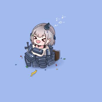 &gt;_&lt; 1girl :d beamed_eighth_notes black_choker black_hat blue_background braid breasts chibi choker closed_eyes commentary confetti eighth_note english_commentary fong_(fongthe0125) grey_hair hat highres hololive large_breasts mini_hat musical_note object_on_breast open_mouth party_hat quarter_note romaji_commentary shield shirogane_noel shirogane_noel_(casual) simple_background smile solo sweater tilted_headwear virtual_youtuber white_sweater xd