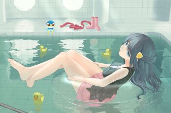1girl barefoot black_hair blue_eyes blue_hair boots breasts closed_mouth dawn_(pokemon) gen_4_pokemon hair_ornament hairclip highres innertube large_breasts long_hair looking_at_viewer nintendo pink_boots pink_skirt piplup pokemon pokemon_(creature) pokemon_dppt pool red_scarf revvie rubber_duck scarf shirt skirt sleeveless sunglasses swim_ring unworn_boots unworn_scarf water