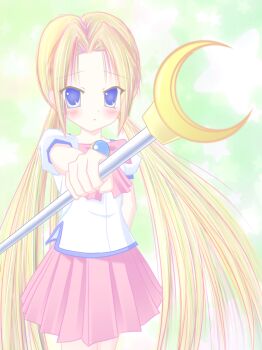 1girl blonde_hair blue_eyes bow bowtie brooch check_commentary commentary commentary_request green_background hagimura_suzu holding holding_staff jewelry long_hair magical_girl pale_color pigma pink_bow pink_bowtie pink_skirt puffy_short_sleeves puffy_sleeves seitokai_yakuindomo short_sleeves skirt solo staff