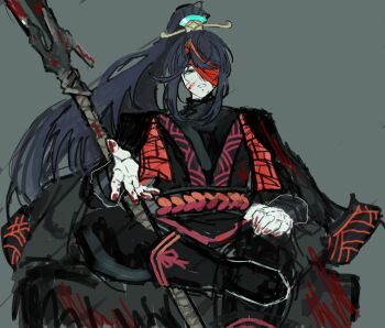 1boy :d bandaged_head bandages black_eyes black_hair black_hanfu black_jacket blood blood_on_face chinese_clothes commentary_request figure_four_sitting foot_out_of_frame grin hand_on_own_knee hanfu high_ponytail highres hong_lu_(project_moon) hongyuan_(identity)_(project_moon) jacket jacket_on_shoulders korean_commentary limbus_company long_hair looking_at_viewer male_focus offering_hand official_alternate_costume open_mouth parted_lips ponytail project_moon red_scarf red_trim rope_belt samka_02 scarf sitting smile solo staff stole