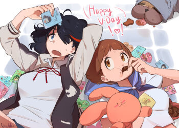 Rule 34 | 2girls, artist name, blue eyes, blue sailor collar, bob cut, brown eyes, brown hair, chocolate, chocolate on face, dog, eating, eyes visible through hair, fang, food, food on face, gamagoori ira, guts (kill la kill), hair over one eye, happy valentine, highres, holding, holding stuffed toy, inumuta houka, jacket, jakuzure nonon, kill la kill, kiryuuin satsuki, long sleeves, looking at another, lying, mankanshoku mako, mankanshoku matarou, matoi ryuuko, multicolored hair, multiple girls, on back, open clothes, open jacket, red hair, sailor collar, sanageyama uzu, shirt, short hair, short sleeves, streaked hair, stuffed animal, stuffed toy, sweatdrop, two-tone hair, valentine card, vi sh l er, white shirt