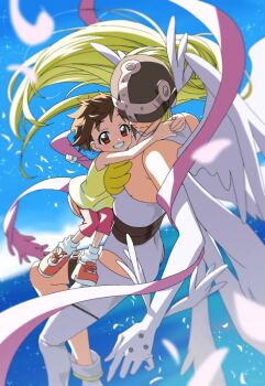 Rule 34 | 2girls, angel wings, angewomon, blonde hair, blue sky, brown hair, carrying, carrying person, covered eyes, digimon, digimon (creature), digimon adventure, elbow gloves, feathered wings, feathers, flying, gloves, helmet, helmet over eyes, long hair, looking at viewer, multiple girls, ocean, outdoors, red eyes, short hair, sky, smile, sunlight, winged helmet, wings, yagami hikari, yoko.u