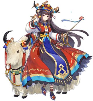 1girl animal animal_ears animal_on_head ark_order bandaged_leg bandages bead_necklace beads bird bird_on_hand bird_on_head black_boots black_eyes black_hair black_hat blue_dress boots breasts bull closed_mouth diadem dress earrings full_body gold_trim hat hatoyama_itsuru holding holding_stick horn_scrunchie horns jewelry long_sleeves looking_at_viewer medium_breasts multicolored_dress necklace official_art on_head ox_(ark_order) cow_ears cow_girl cow_horns red_dress smile solo sparrow stick tachi-e tassel tibetan_clothes transparent_background white_sleeves yak