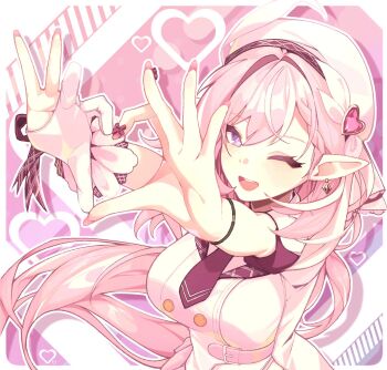 1girl alternate_costume breasts commentary_request diamond-shaped_pupils diamond_(shape) earrings elysia_(hi_love_elf)_(honkai_impact) elysia_(honkai_impact) finger_frame fingernails hair_ornament hat heart heart_hair_ornament highres honkai_(series) honkai_impact_3rd jewelry jfifwebp korean_commentary large_breasts long_fingernails long_hair looking_at_viewer nail_polish one_eye_closed open_mouth pink_hair pink_nails pink_theme pointy_ears purple_eyes smile solo symbol-shaped_pupils very_long_hair white_hat