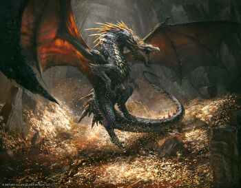 animal_focus blue_tongue cave cavern-hoard_dragon claws coin colored_tongue commentary company_name dragon english_commentary from_side full_body magic:_the_gathering manzanedo monster no_humans official_art open_mouth pile_of_money realistic rock sharp_teeth solo spikes spread_wings tail teeth treasure underground western_dragon wings