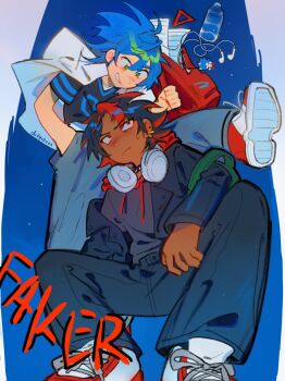 Rule 34 | 2boys, backpack, bag, black hair, black jacket, black pants, blue pants, bottle, closed mouth, commentary, dark-skinned male, dark skin, denim, dollychoux, earphones, earrings, english commentary, english text, grey shirt, hand in pocket, headphones, headphones around neck, highres, holding, holding bag, humanization, invisible chair, jacket, jeans, jewelry, lapels, looking at another, looking up, male focus, multiple boys, multiple earrings, pants, paper, piercing, print shirt, red bag, red hair, red shoes, shadow the hedgehog, shirt, shoes, sitting, sneakers, sonic (series), sonic the hedgehog, spiked hair, v-neck, water bottle, white jacket